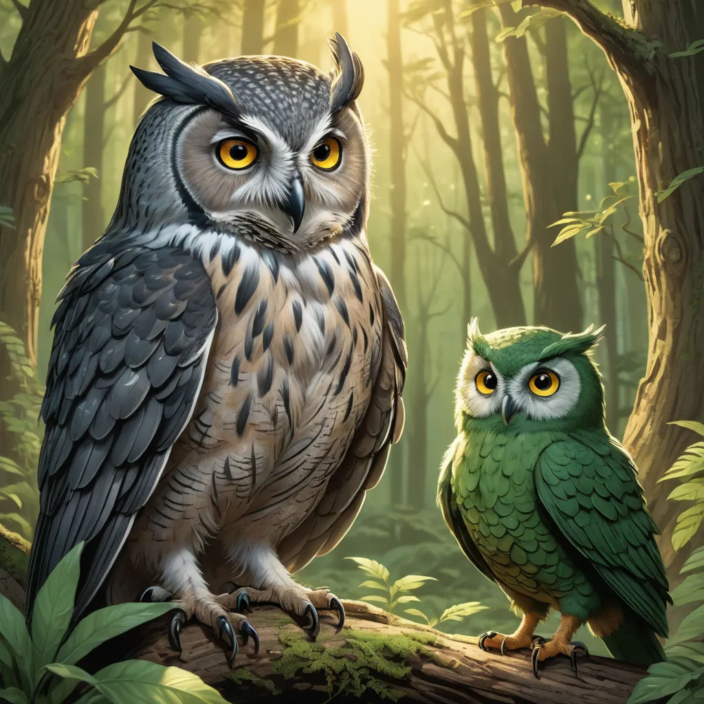two owls sitting on a log in a forest with sunlight shining through the trees behind them and a forest background, fantasy art, a storybook illustration, Chris LaBrooy, magic the gathering artwork