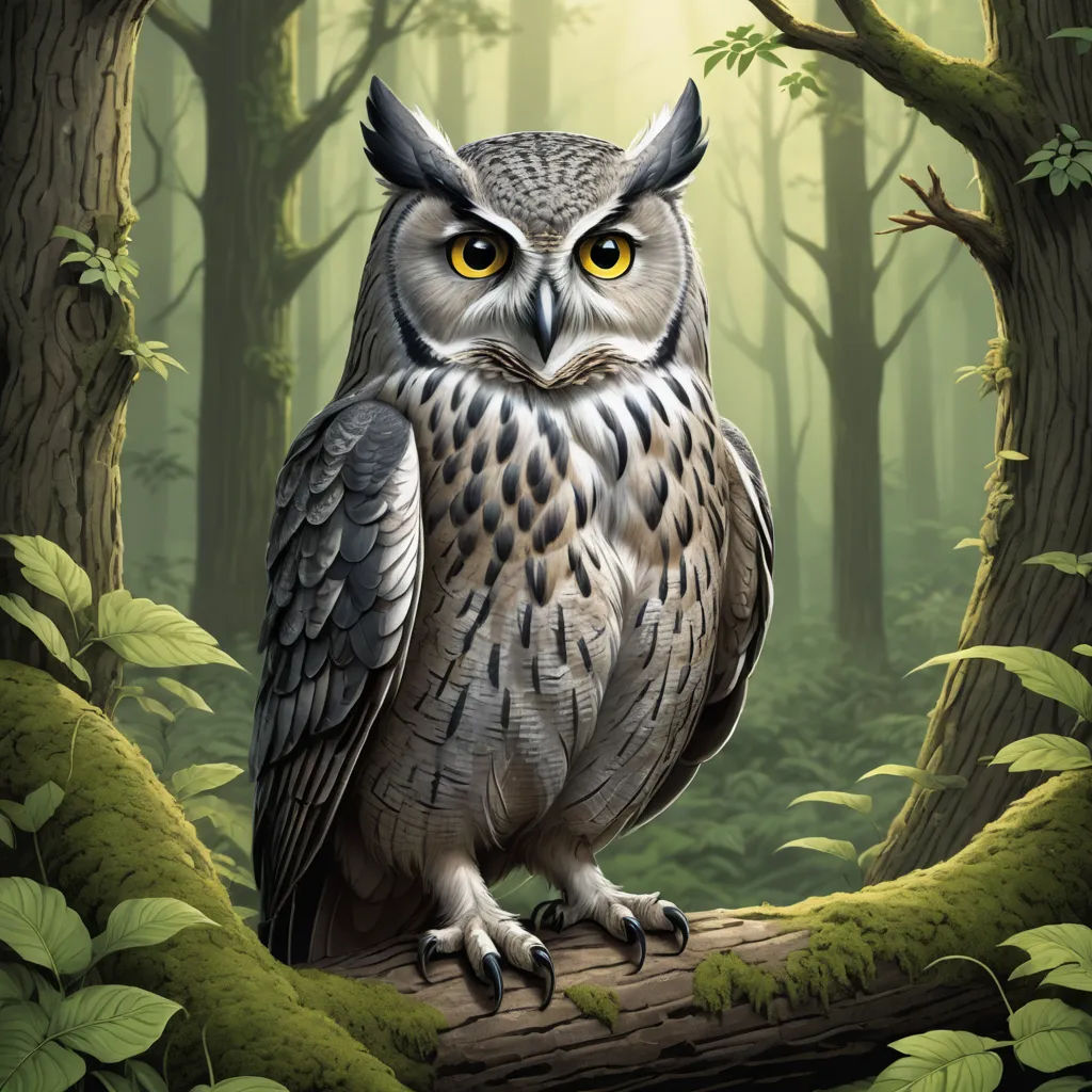 a painting of an owl sitting on a log in a forest with green leaves and trees around it, with a bright yellow eye, fantasy art, a storybook illustration, Dan Mumford, magic the gathering artwork