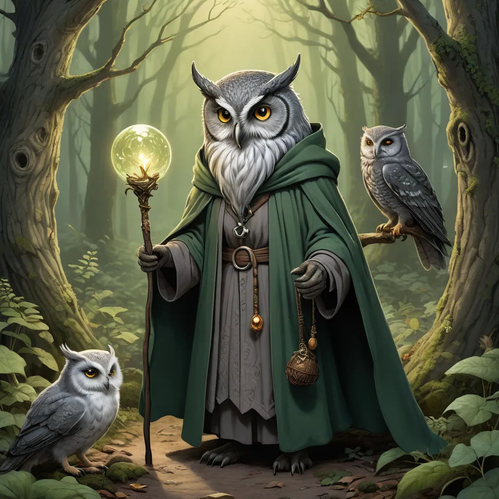 a wizard with an owl and a lamp in a forest with owls on the ground and trees in the background, fantasy art, a character portrait, Chris LaBrooy, epic fantasy character art