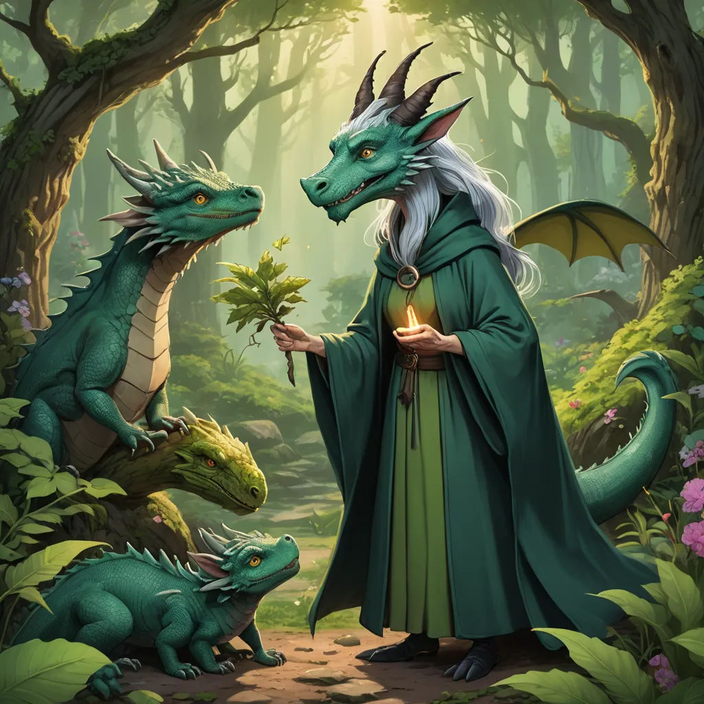 a green dragon and a man in a forest with a candle in their hands and a green dragon in the foreground, fantasy art, a storybook illustration, Anne Stokes, dragon art