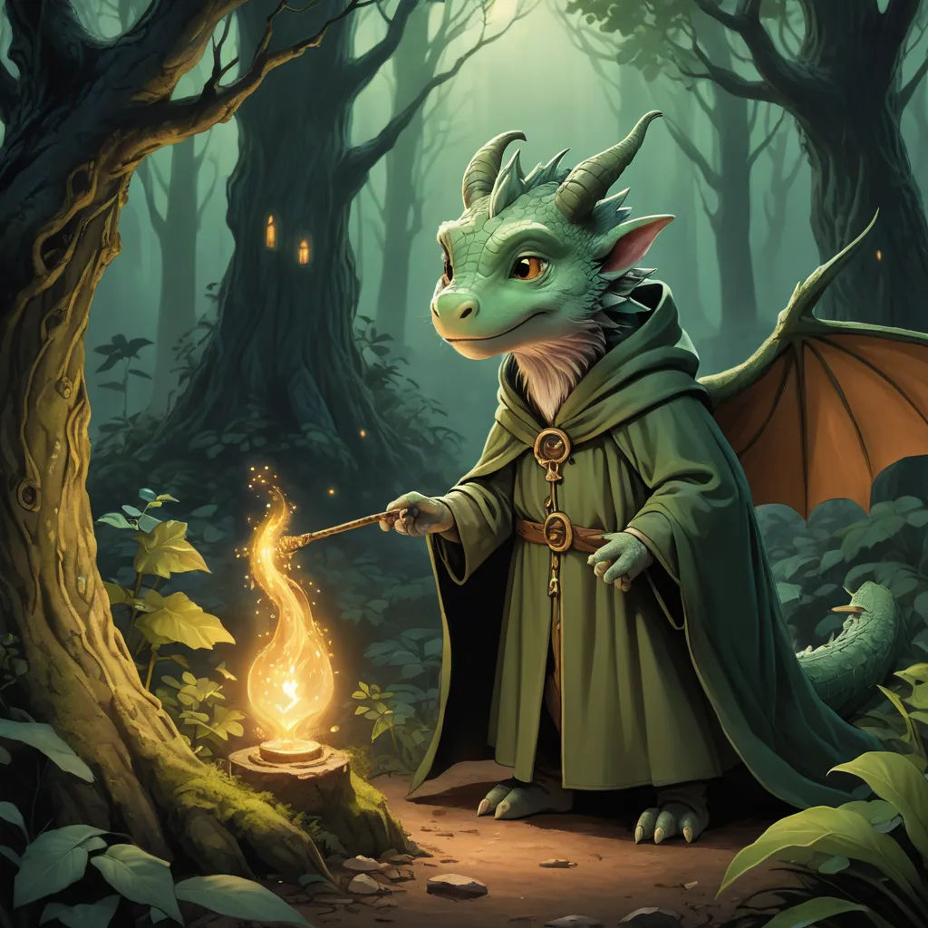 a green dragon dressed in a green robe holding a wand in a forest with a fire in it's mouth, fantasy art, a storybook illustration, Brom, dragon art