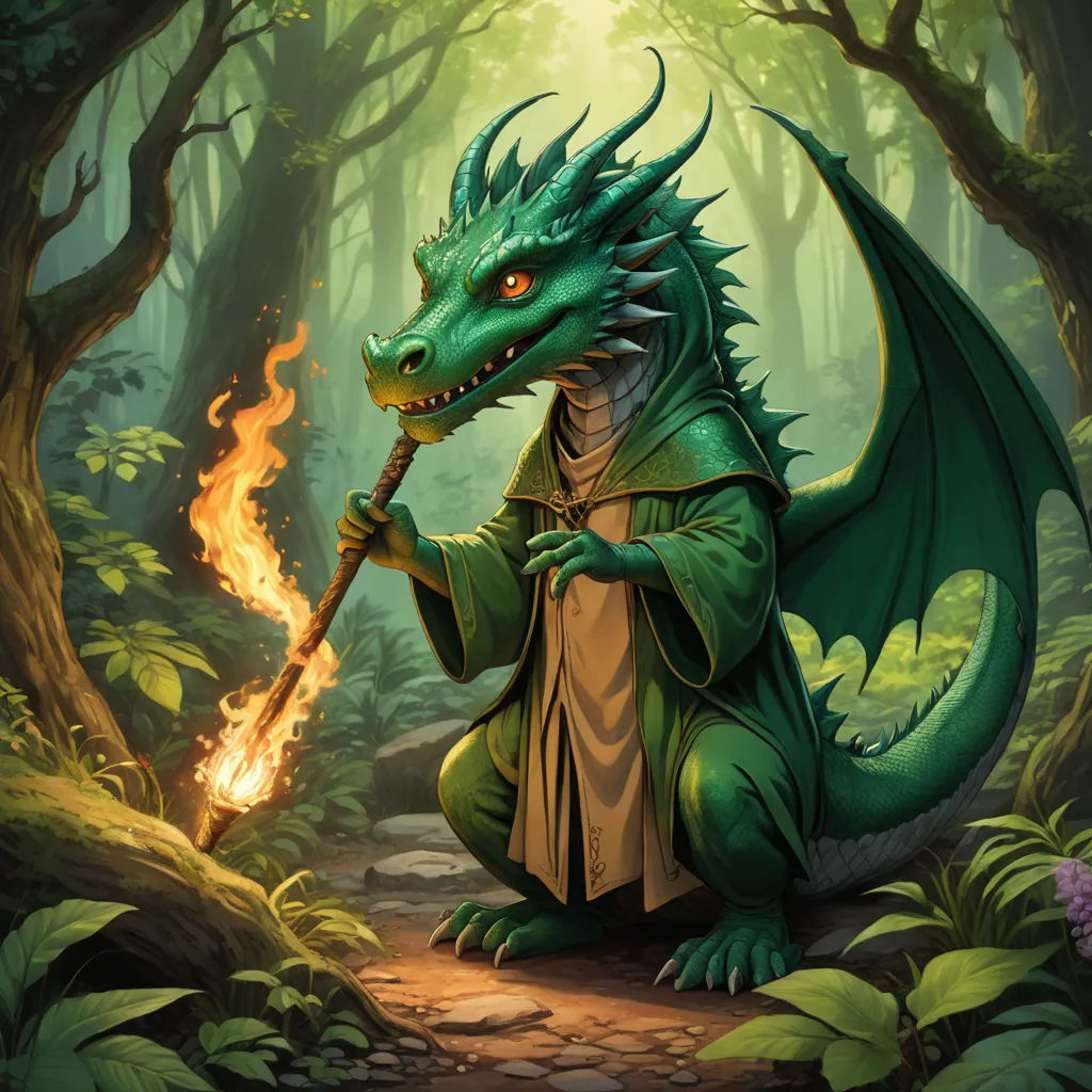 a green dragon with a staff in a forest with a fire in its mouth and a staff in its mouth, fantasy art, a character portrait, Chris Rallis, magic the gathering artwork