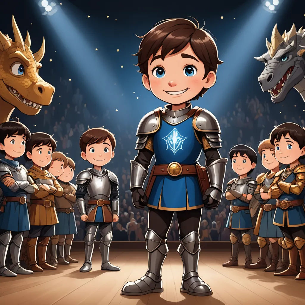a cartoon of a knight surrounded by children in front of a dragon and a crowd of people in a theatre, sots art, a storybook illustration, Diego Gisbert Llorens, character sheet