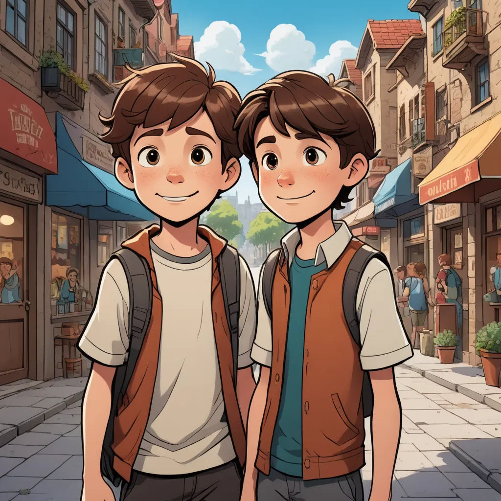 two young men standing in front of a street with buildings and people in the background, with a cartoon style of two people standing next to each other, furry art, concept art, disney, official art
