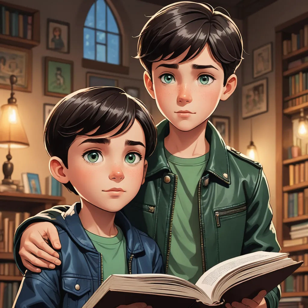 a boy and a girl are looking at a book together in a library with a book open on the table, sots art, a storybook illustration, Brothers Hildebrandt, official art