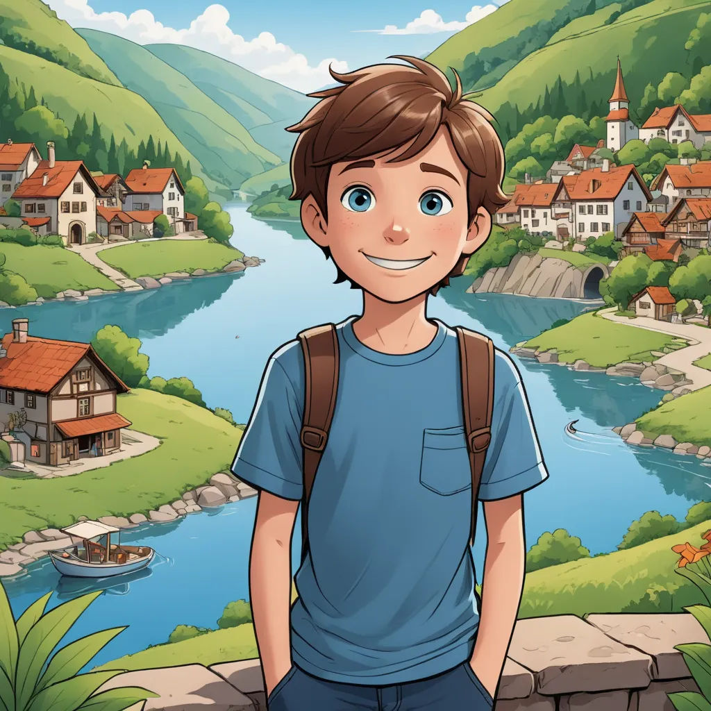 a boy standing in front of a scenic landscape with a river and houses in the background and a town on the other side, sots art, a storybook illustration, Cliff Childs, comic cover art