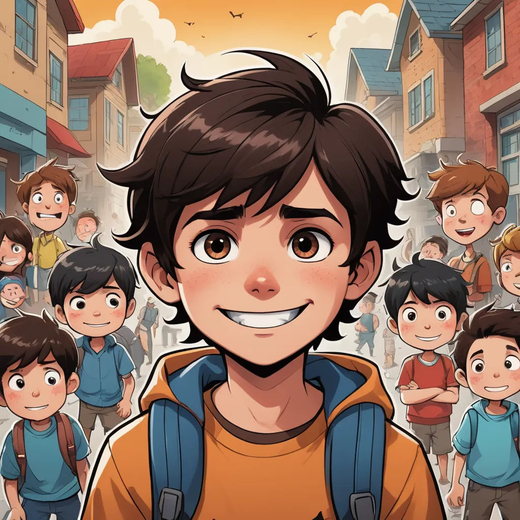 a boy with a backpack standing in front of a crowd of people in a cartoon style, with a smiling face, paris school, a storybook illustration, Diego Gisbert Llorens, comic cover art