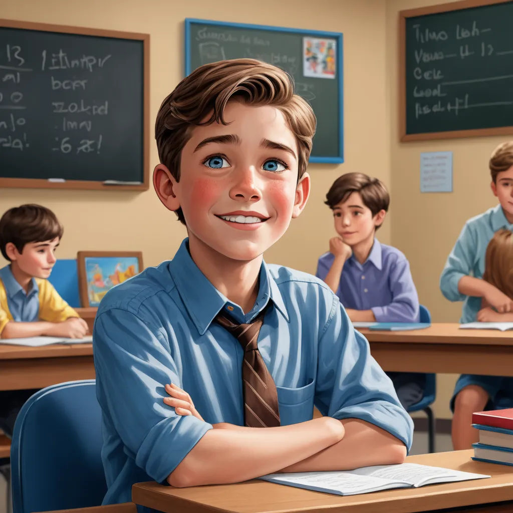 a boy in a classroom with his arms crossed and smiling at the camera, with other children in the background, american scene painting, a storybook illustration, Aaron Jasinski, storybook illustration
