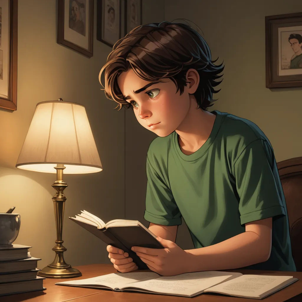 a boy reading a book in a room with a lamp on the table and a lamp on the side, photorealism, a storybook illustration, Diego Gisbert Llorens, rossdraws global illumination