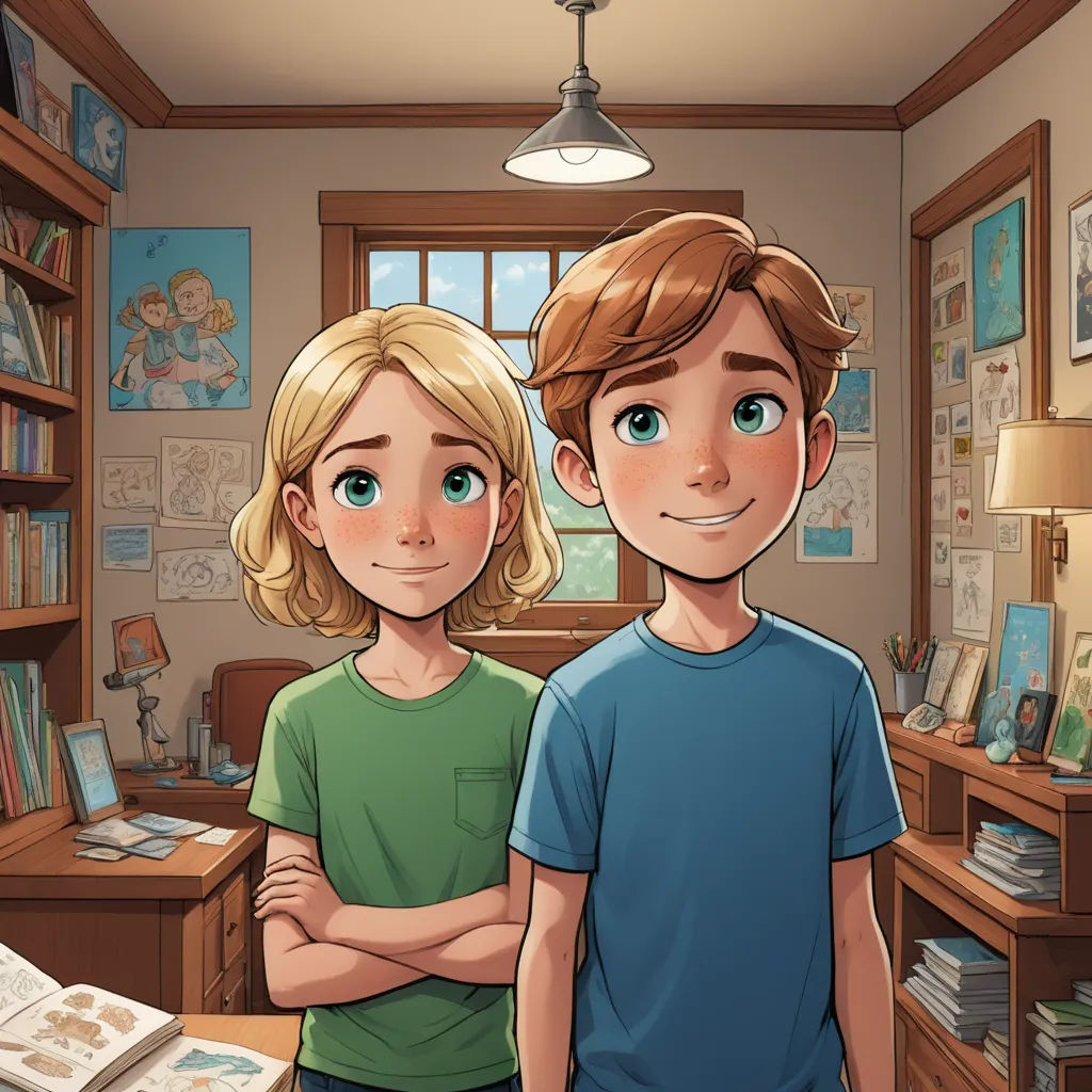 a boy and a girl standing in a room with a bookcase and a window in the background and a book shelf with books, process art, a storybook illustration, Cliff Childs, rossdraws global illumination