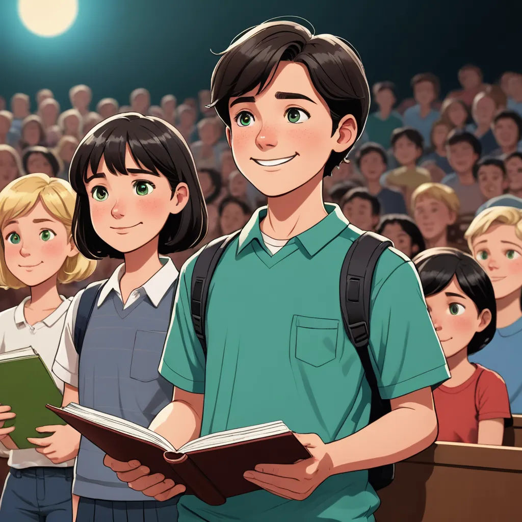 a man standing in front of a crowd of people holding a book in his hands and a woman holding a book in his other hand, vancouver school, a storybook illustration, Don Bluth, official art