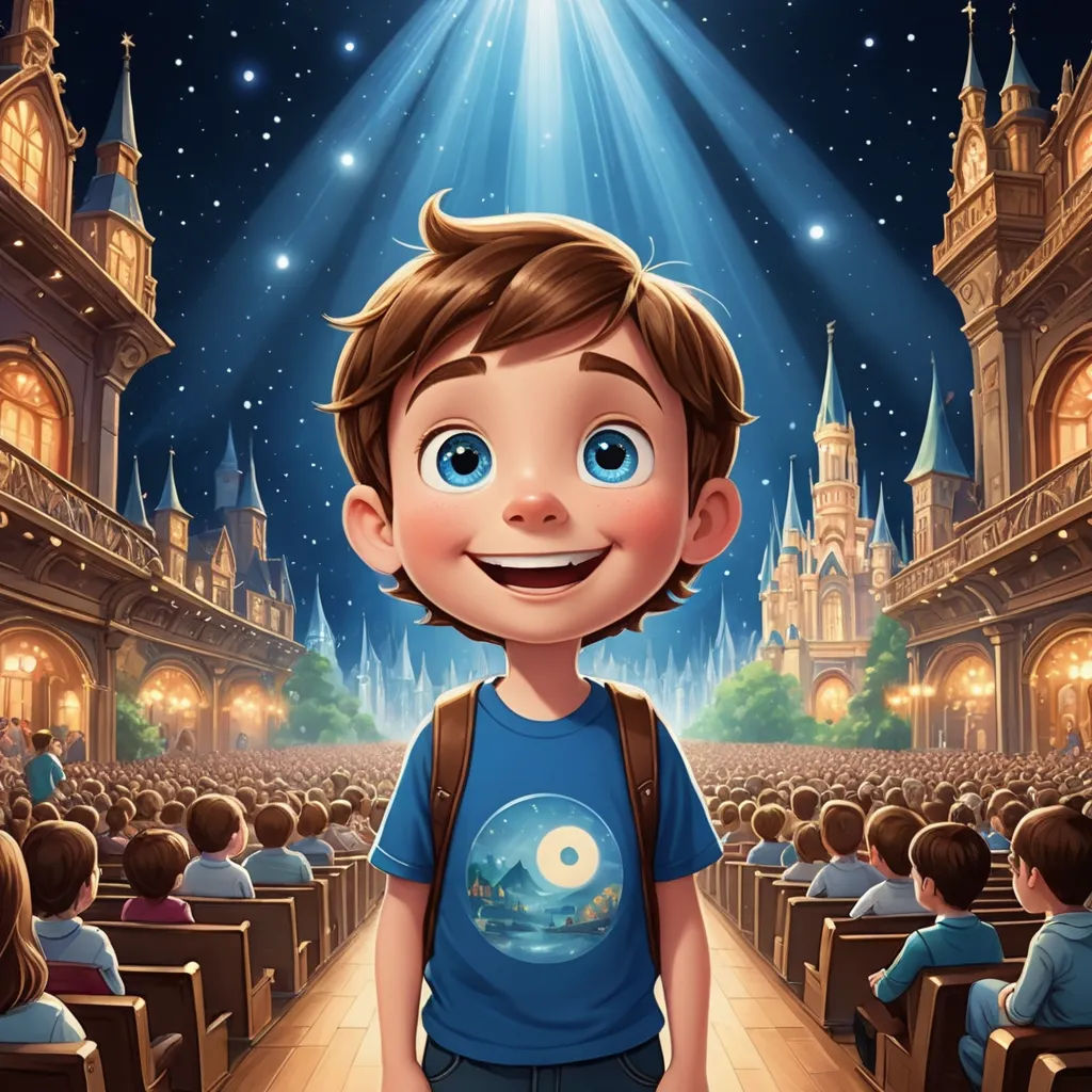 a boy is smiling in front of a movie theater with a starlight above him and a castle in the background, sots art, a storybook illustration, Alejandro Burdisio, rossdraws global illumination