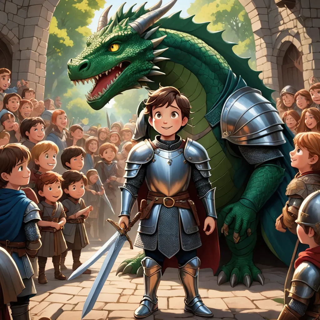 a cartoon of a knight and a dragon with a sword in front of a crowd of people in armor, fantasy art, a storybook illustration, Adam Rex, storybook illustration