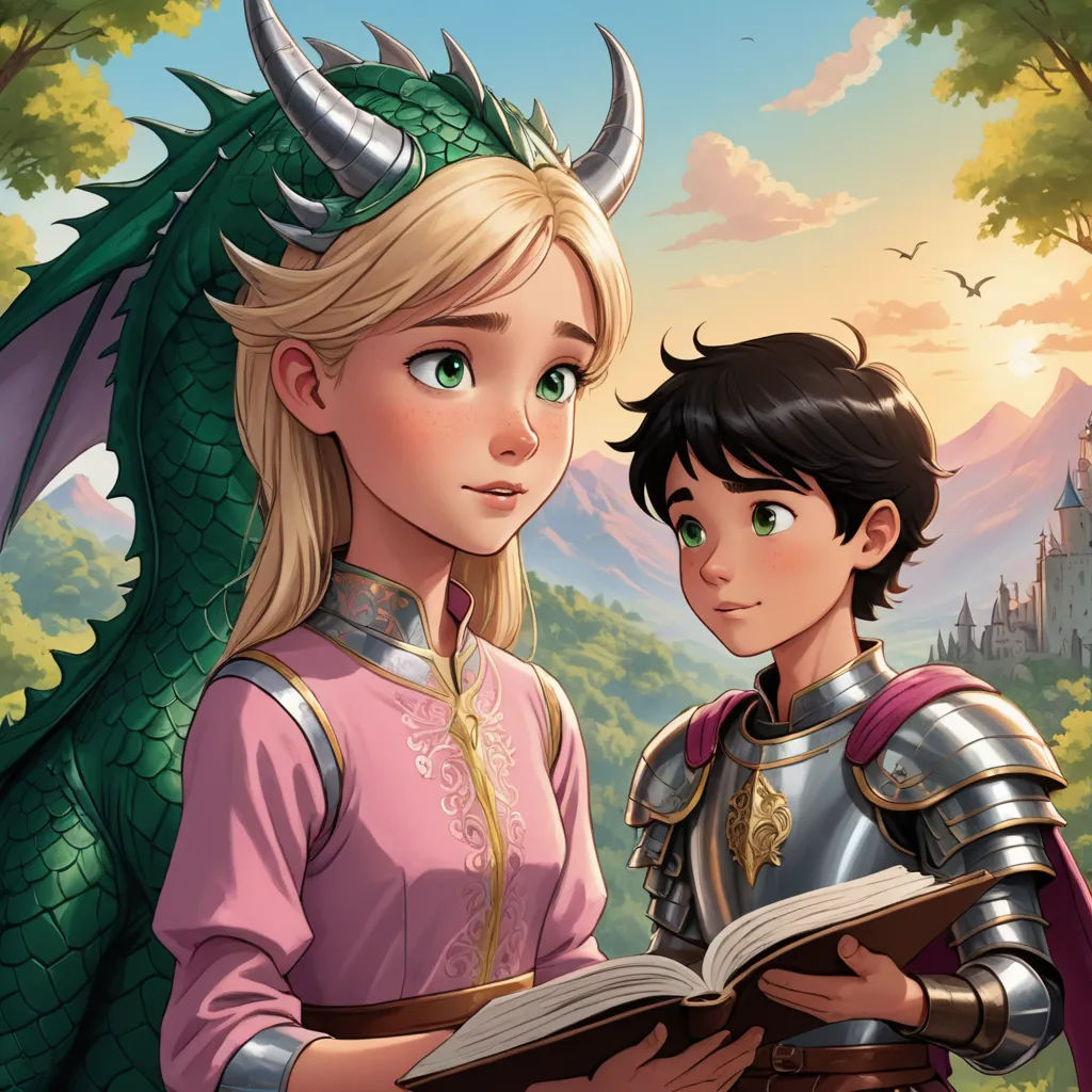 a young girl and a boy are standing in front of a dragon and a castle with a book in their hands, sots art, a storybook illustration, Cliff Childs, official art