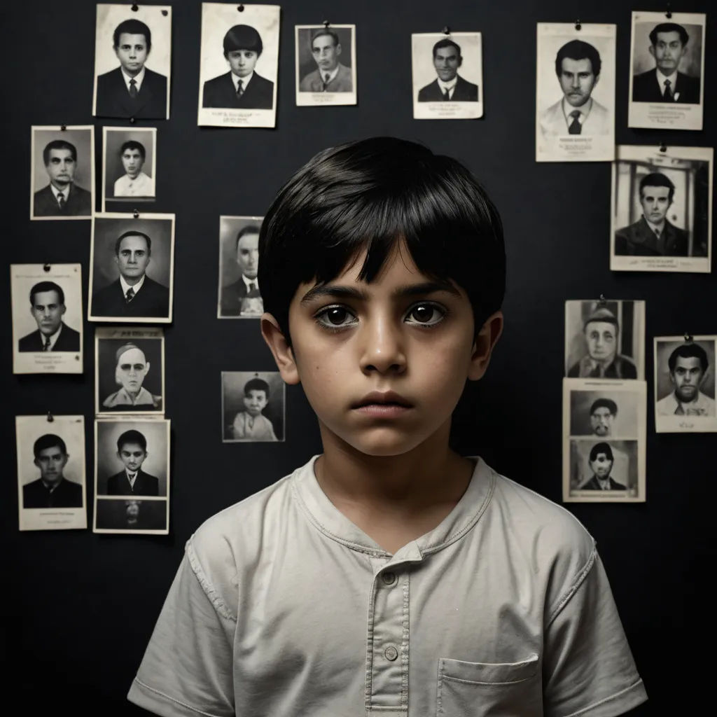 a young boy standing in front of a wall with portraits of people on it and a black background with a black border, serial art, a character portrait, Arthur Sarkissian, award-winning photograph