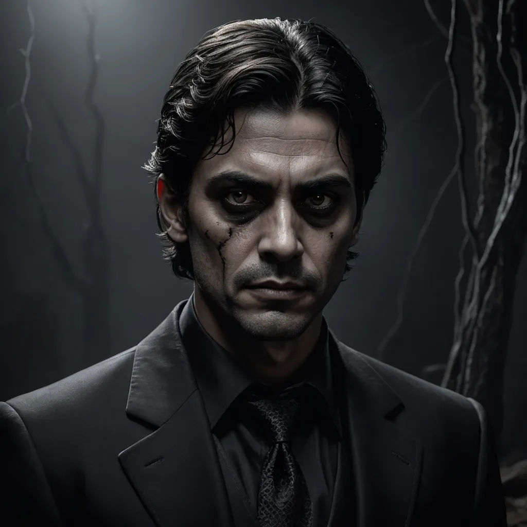 a man in a suit and tie with a creepy look on his face and eyes, standing in a dark forest, gothic art, a character portrait, Eddie Mendoza, dark shadows