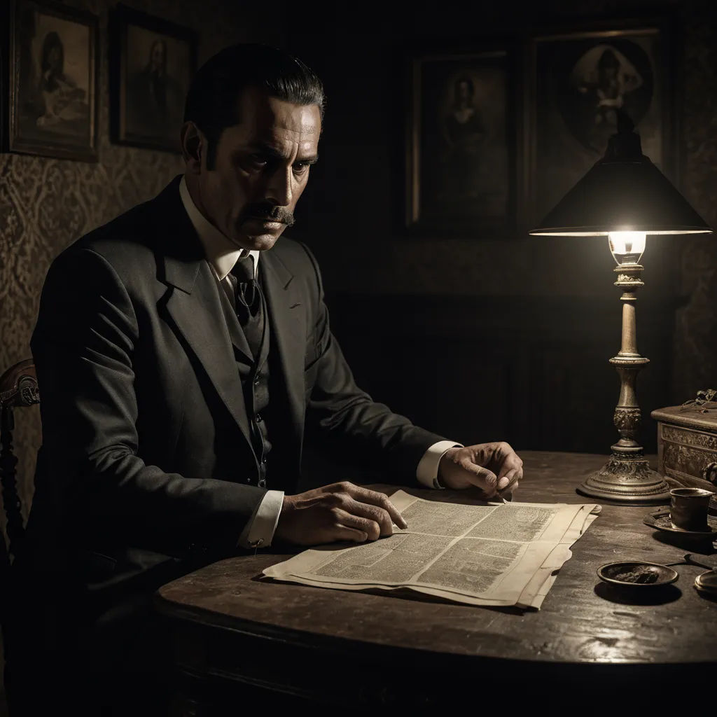 a man in a suit sitting at a table with a book and a lamp on it in a dark room, private press, a character portrait, David Macbeth Sutherland, promotional image