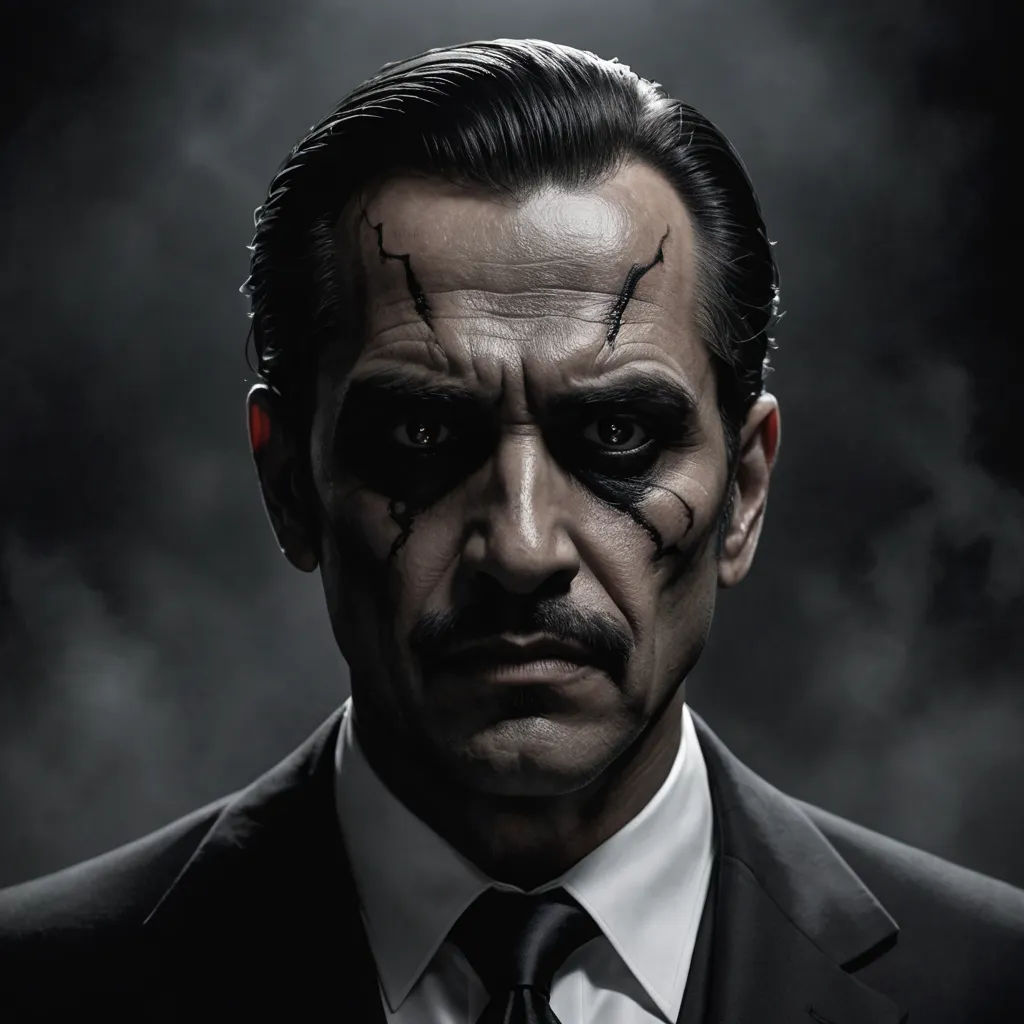a man with a creepy face and a suit on and tie on, with a black background and smoke, sots art, a character portrait, Eddie Mendoza, sinister