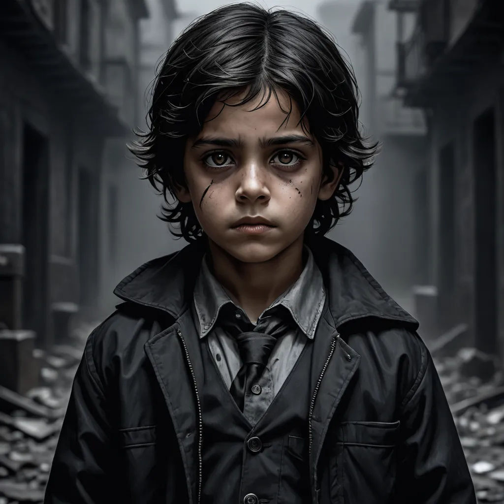 a young boy with a black jacket and tie standing in a dark alleyway with a train track in the background, photorealism, poster art, Daryush Shokof, promotional image