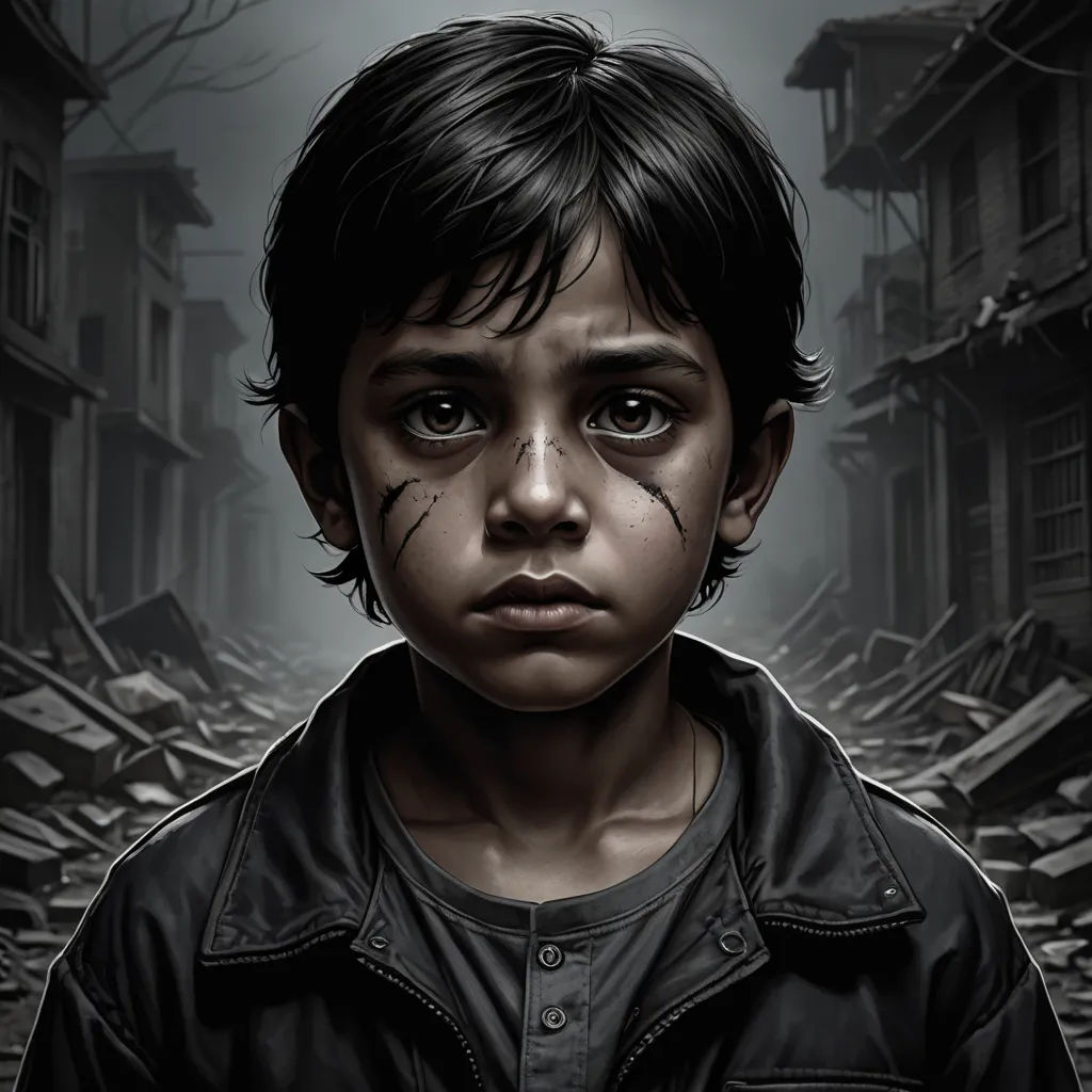 a young boy with a black face and a black jacket on is staring at the camera in a dark alley, neoism, a character portrait, Craig Davison, dystopian art