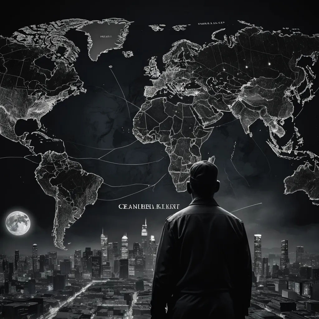 a man looking at a map of the world in the dark night sky with a full moon in the background, harlem renaissance, poster art, Conrad Marca-Relli, cinematic matte painting