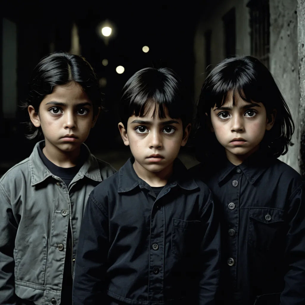 three young children standing next to each other in a dark room with a light on the ceiling and a wall behind them, hyperrealism, a hyperrealistic painting, Andreas Gursky, award-winning photograph