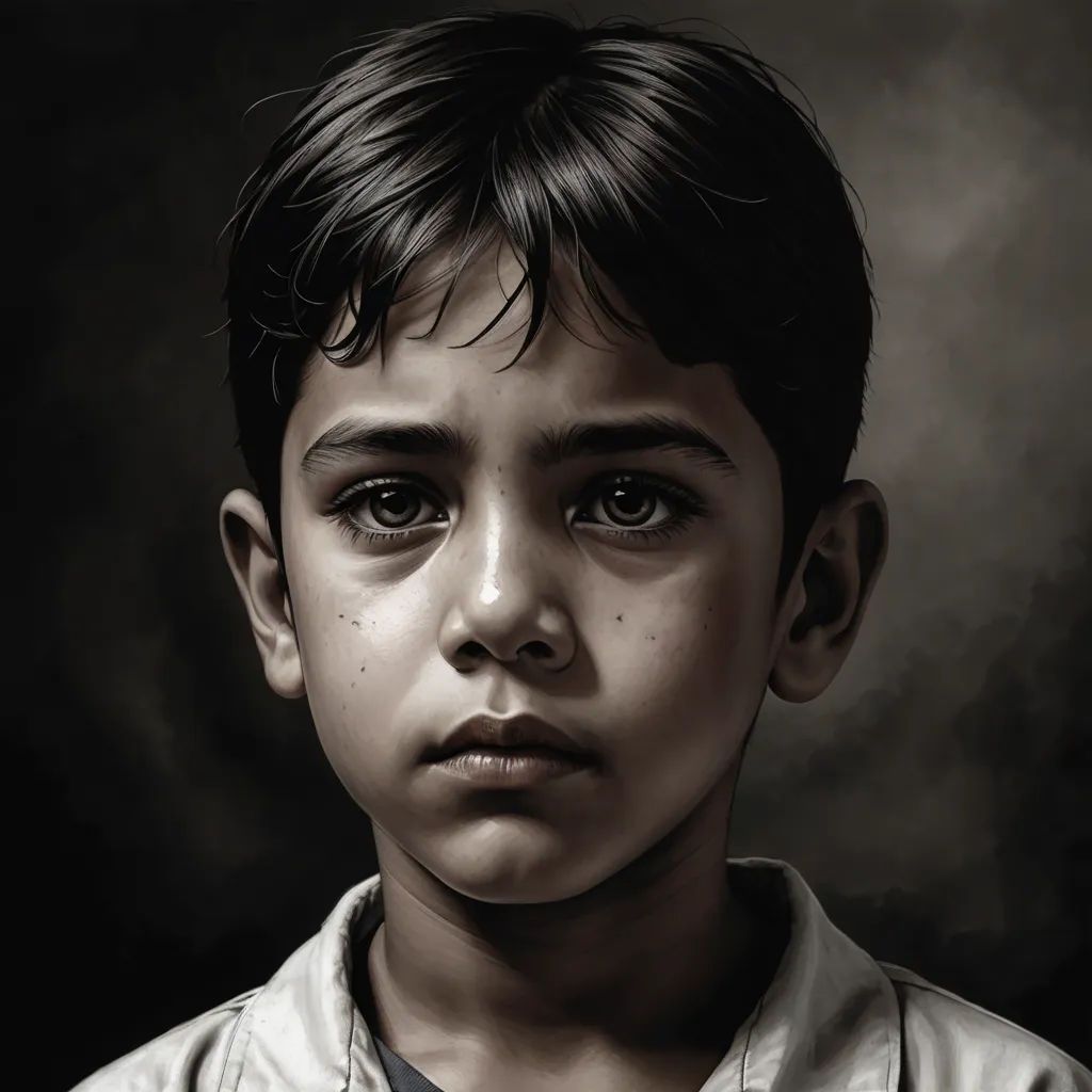 a painting of a young boy with a serious look on his face and chest, with a black background, photorealism, an ultrafine detailed painting, David Palumbo, highly detailed digital painting