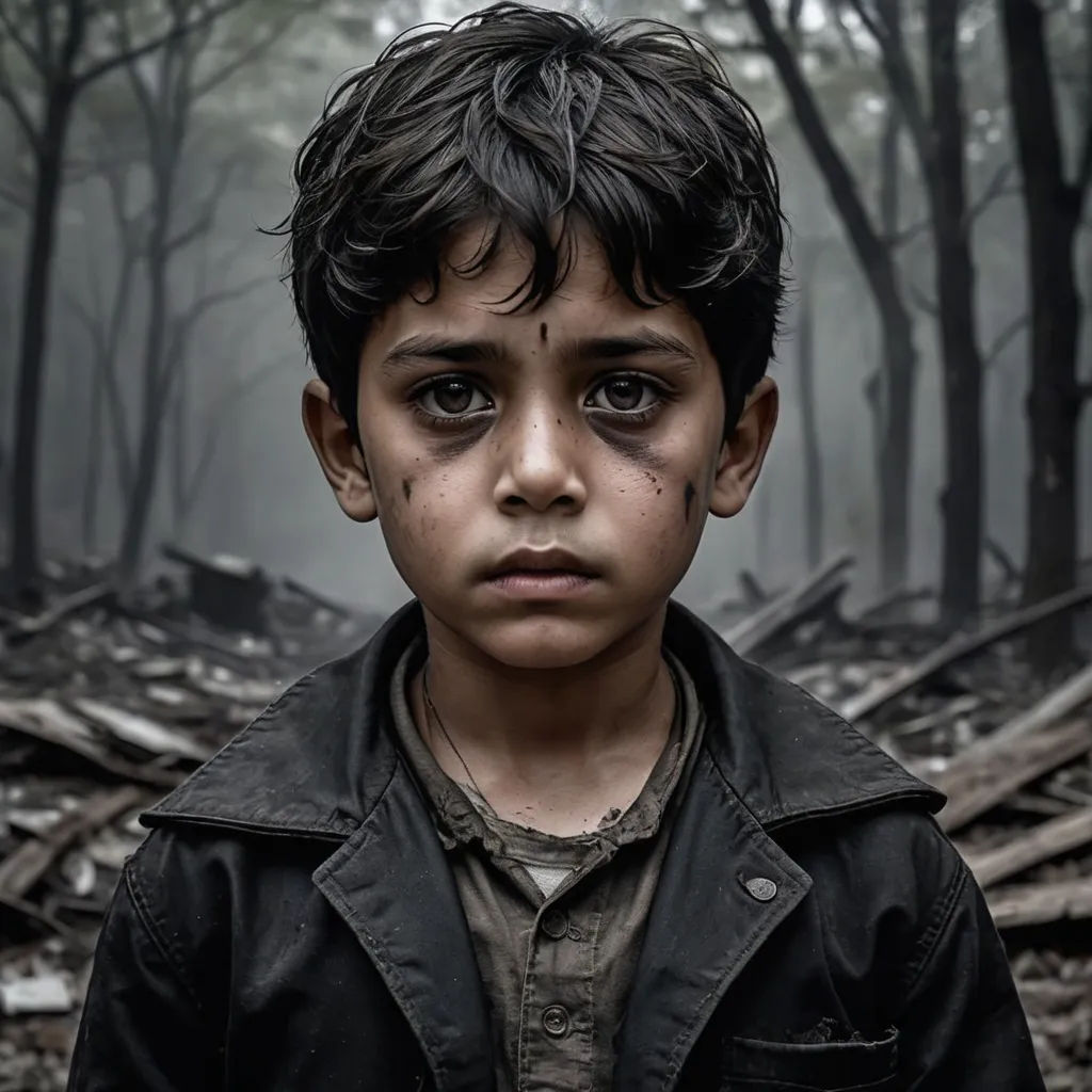 a young boy with black hair and a black jacket stands in a forest with fallen trees and debris on the ground, neoism, poster art, Daryush Shokof, cinematic photography
