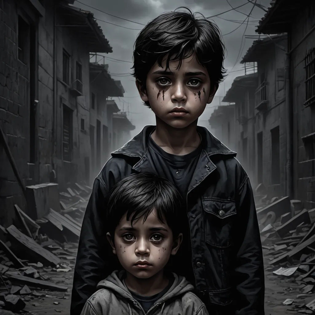 two children standing in a street with a dark background and a full moon in the sky above them, with a black and white photo of them, photorealism, a photorealistic painting, David Palumbo, highly detailed digital painting