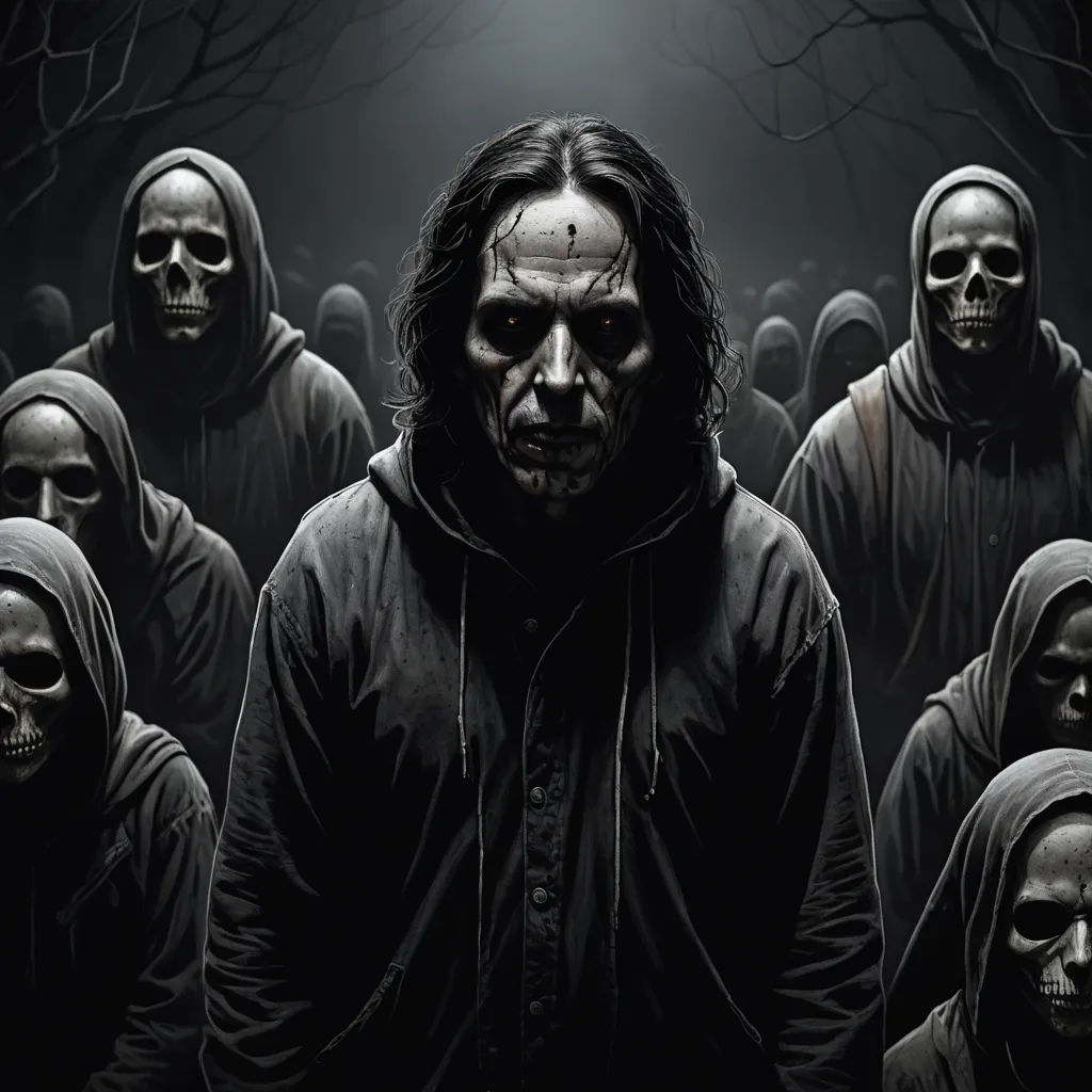 a group of people with hooded clothing and a skull on their face are standing in a dark forest with a light shining on them, gothic art, poster art, Anthony Palumbo, dark art
