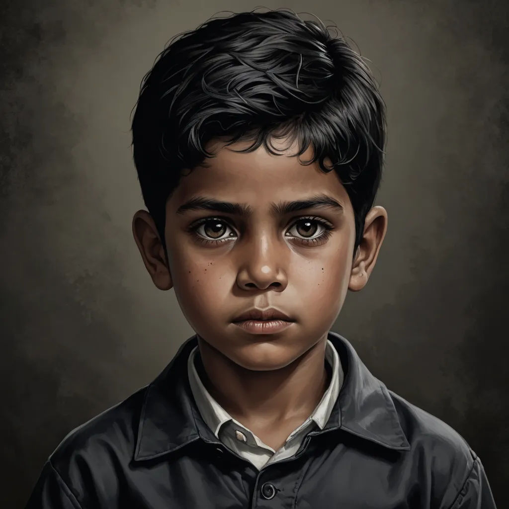 a painting of a young boy with a black shirt on and a white shirt on, and a black background, photorealism, an ultrafine detailed painting, David Palumbo, highly detailed digital painting