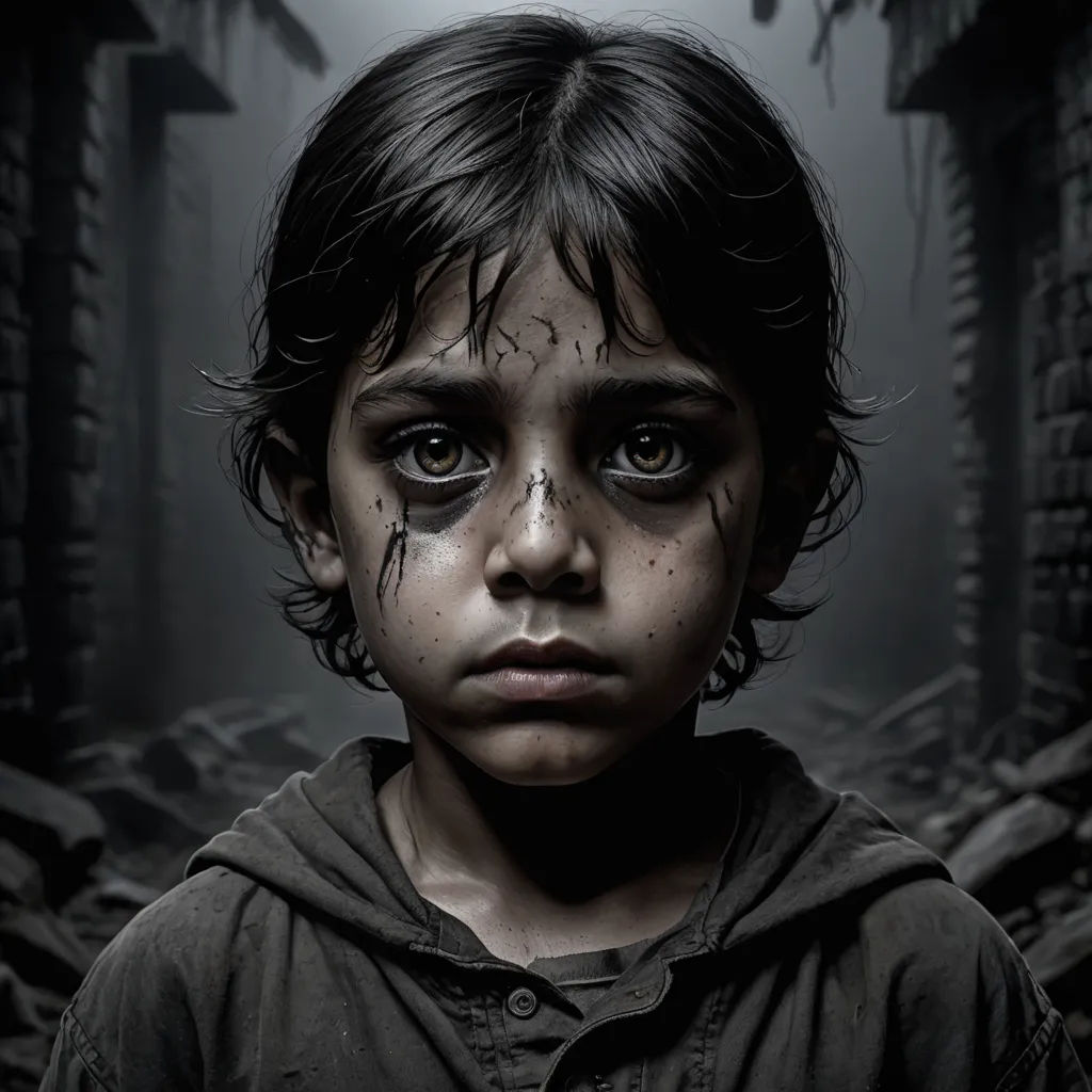 a young child with a creepy look on his face and eyes, standing in a dark room with a bunch of rubble, neoism, a detailed matte painting, Daniel Lieske, dystopian art