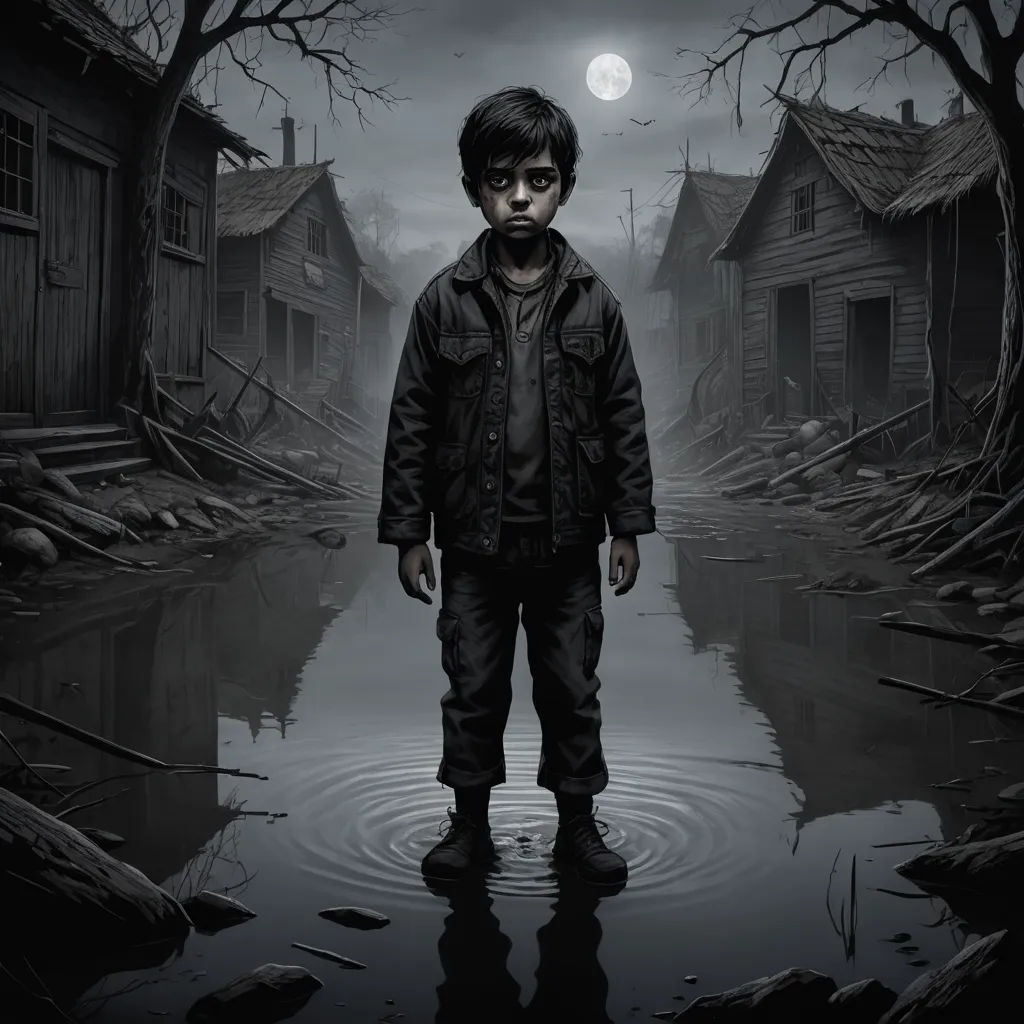 a boy standing in a puddle in a village at night with a full moon in the background and a creepy looking building, sots art, a detailed matte painting, Craig Davison, cryengine