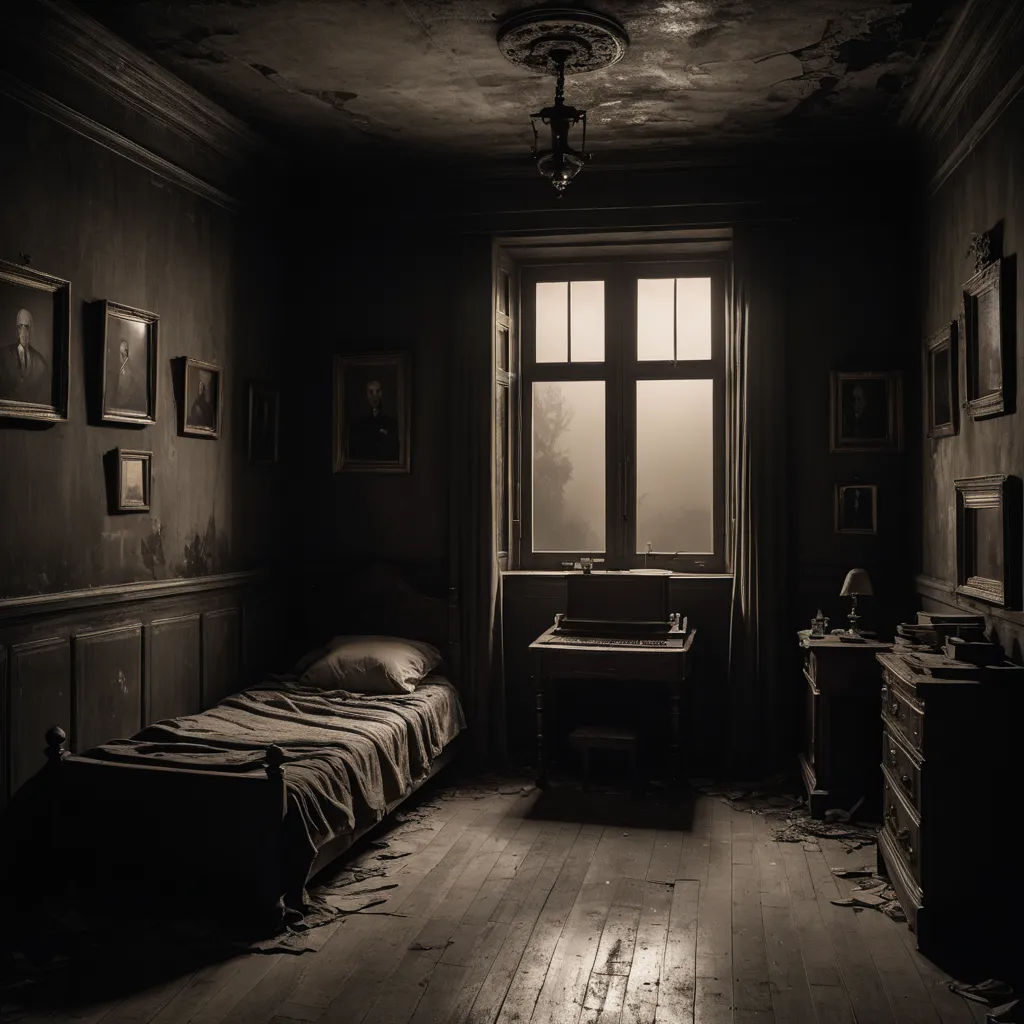 a dark room with a bed and a desk in it and a window with a light shining in it, art photography, a detailed matte painting, Emil Lindenfeld, cinematic photography