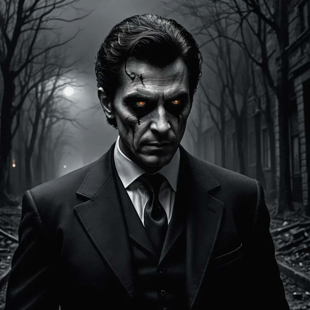 a man in a suit with a creepy face and red eyes in a dark forest with trees and bushes, gothic art, a digital painting, Eddie Mendoza, dark shadows