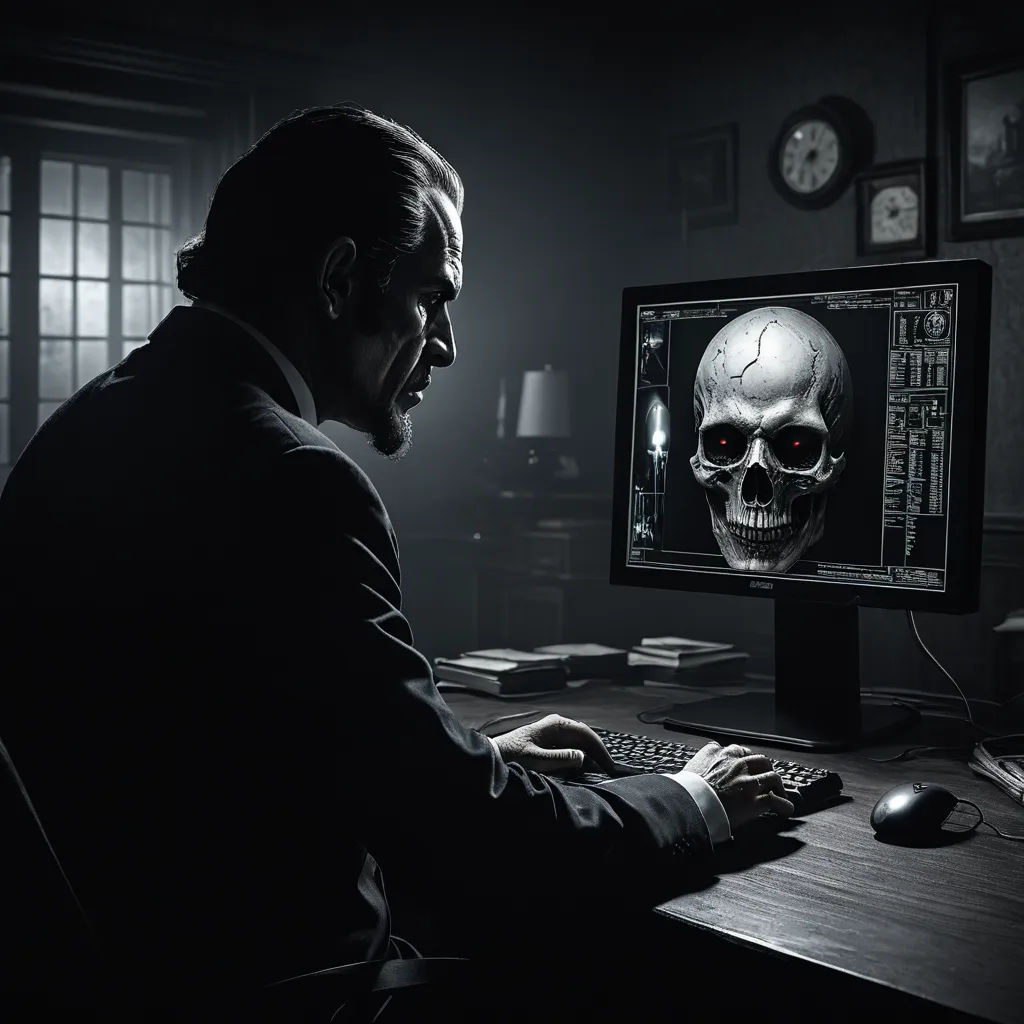 a man sitting at a desk with a computer monitor and a skull on the monitor screen, with a dark background, computer art, computer graphics, Dirk Crabeth, behance hd