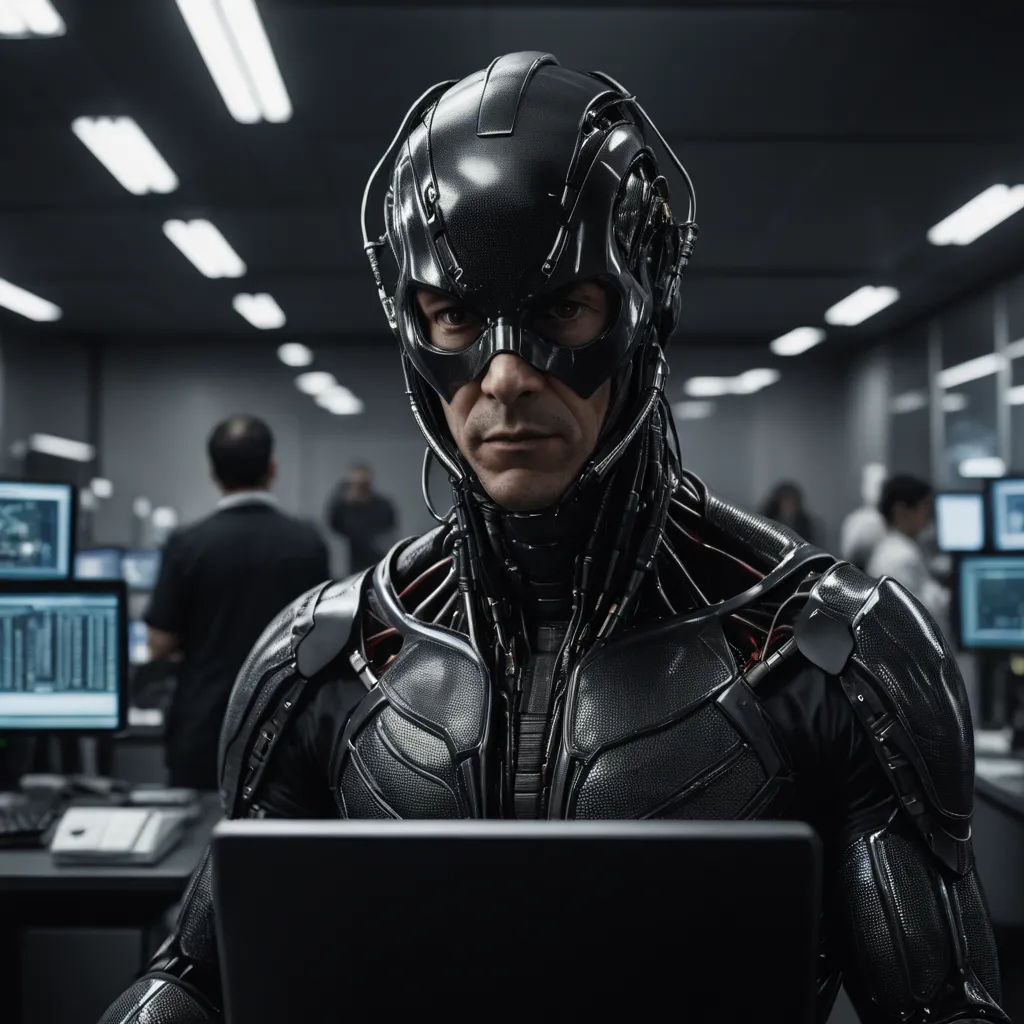 a man in a suit is looking at a laptop computer in a room with people in it and a man in a suit is looking at a laptop, les automatistes, a character portrait, Everett Warner, vfx
