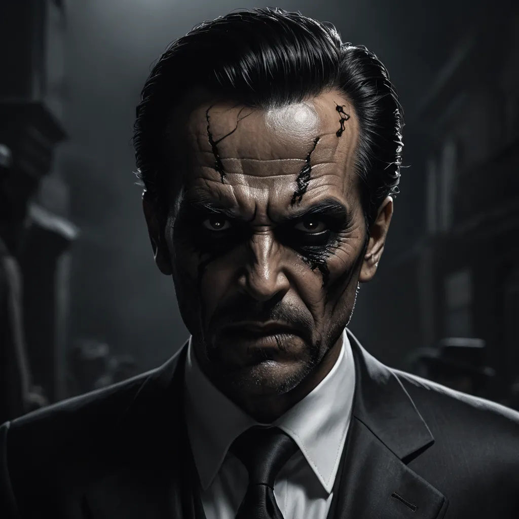a man with a creepy face and a suit and tie on a dark street with a light shining on him, sots art, a character portrait, Eddie Mendoza, sinister