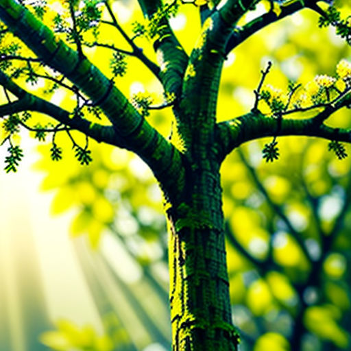 a tree with green leaves and sunlight shining through the leaves on it's branches, with the sun shining through the leaves