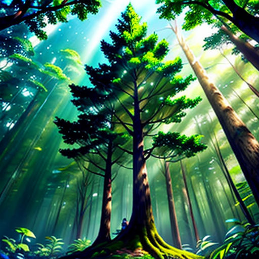 a painting of a forest with sunbeams and trees in the background, with a person sitting on a log