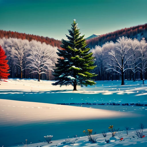a painting of a snowy landscape with trees and mountains in the background, with a blue sky and sun