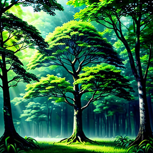 a painting of a forest with trees and grass on the ground and sunlight streaming through the trees and the ground