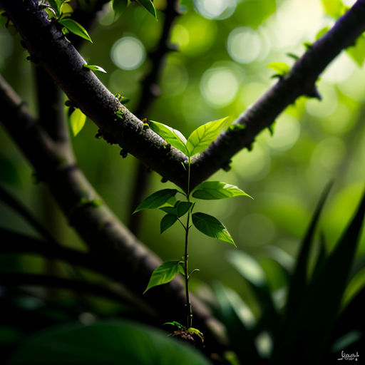 a branch with leaves on it in the sunlight with a blurry background of trees and leaves in the foreground