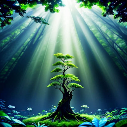 a painting of a tree in the middle of a forest with sunlight streaming through the trees and leaves on the ground