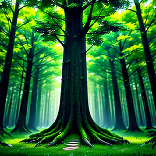 a green forest with a path leading to a tree with a light coming from it's trunk and a green forest with a path leading to the tree with leaves