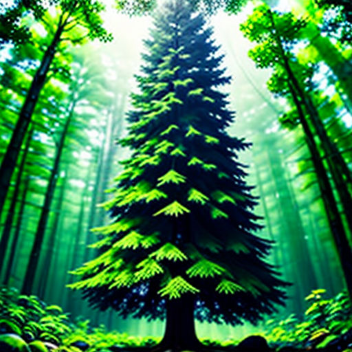 a green forest with a tree in the middle of it and a sunbeam in the background with a green sky