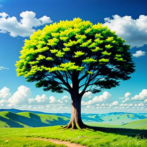 a painting of a tree on a hill with a path leading to it and a blue sky with clouds