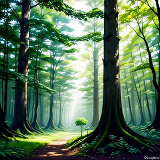 a painting of a forest with a path through it and trees in the background, with a green light coming from the top of the trees