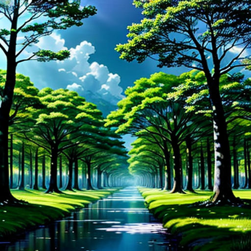 a painting of a river running through a forest with trees on both sides of it and a sky with clouds
