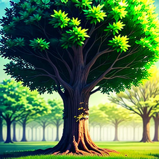 a tree with green leaves in a park with grass and trees in the background, with a blue sky